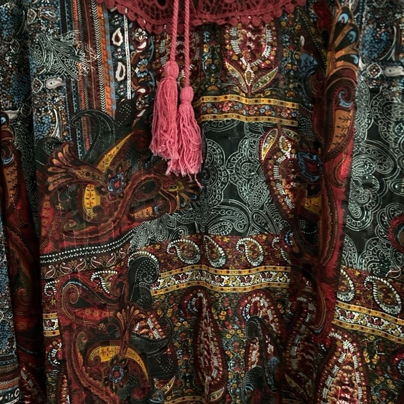 URBAN MANGOS boho dress, semi sheer, crocheted bib, drawstring, multicolored, - Picture 4 of 6